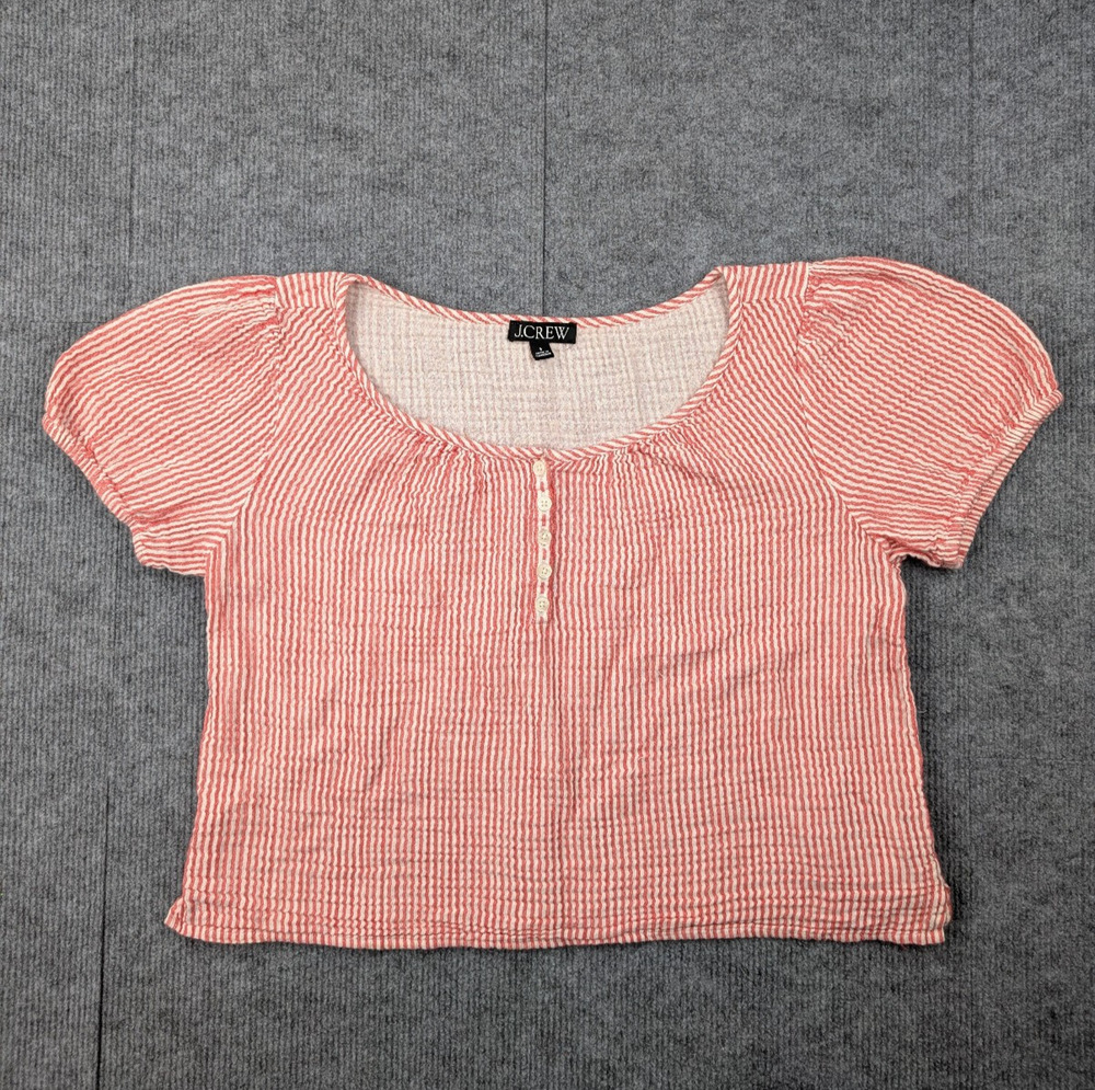 J Crew Puff Sleeve Henley Womens Small Striped Gauze Cottage Coastal Red Cotton
